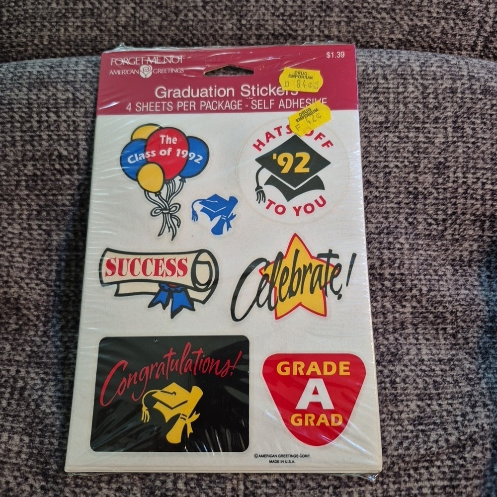 Class of 1992 vintage graduation stickers American Greetings unopened package